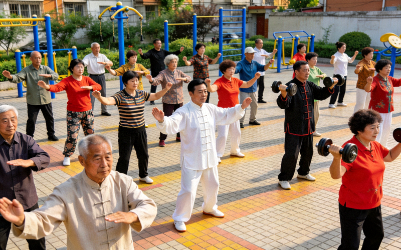 社区居民在户外健身场地进行集体锻炼，展现全民健身进社区的热闹场景