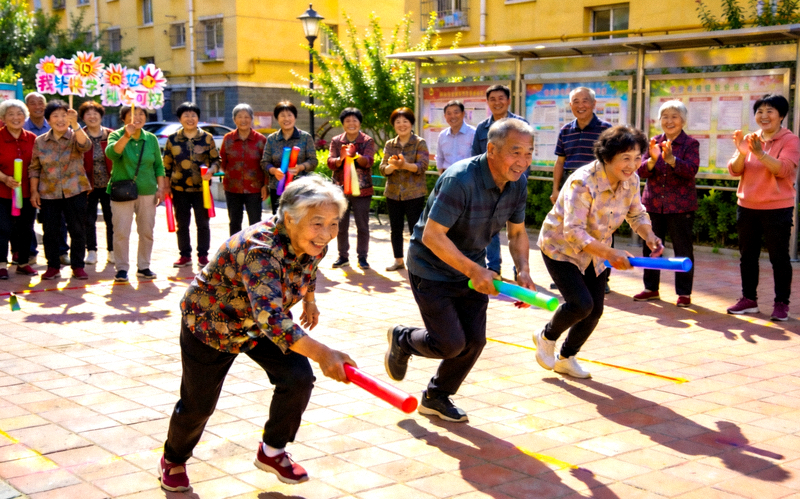 社区运动会上居民参加趣味接力比赛，邻里同场竞技气氛热烈
