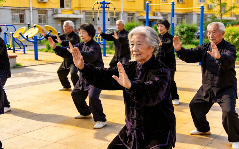 中老年居民在社区广场练习太极拳，动作舒缓整齐，展现健康生活风貌