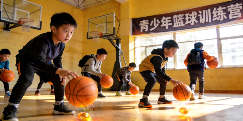 青少年篮球训练营中球员练习运球 - 青少年体育培训现场