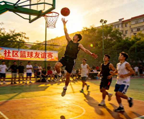 社区篮球友谊赛现场 - 球员跃起投篮的精彩瞬间