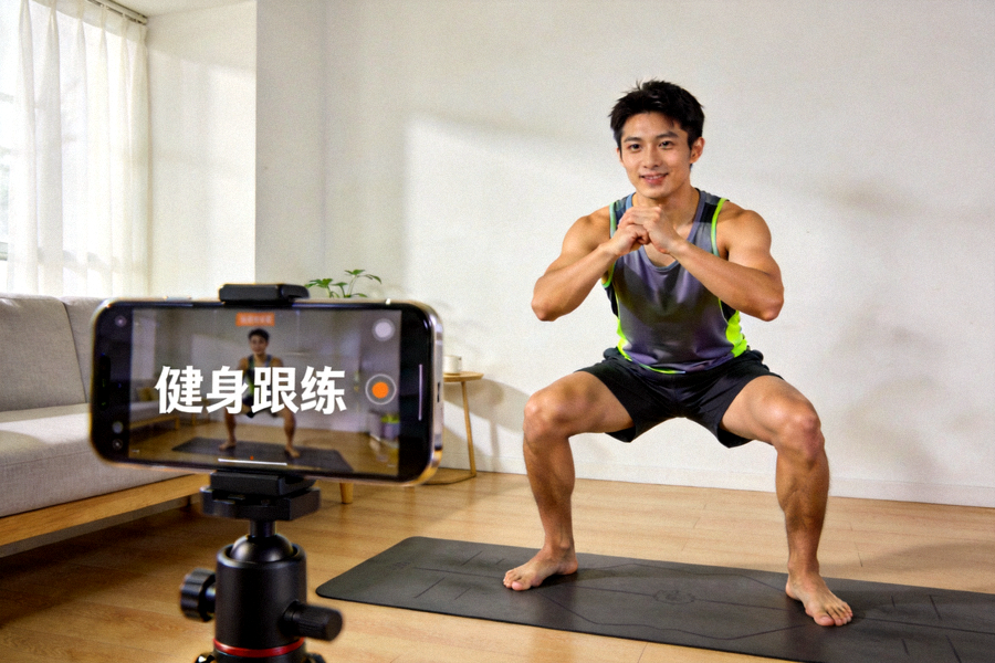 线上健身课程教学场景 - 教练示范标准健身动作