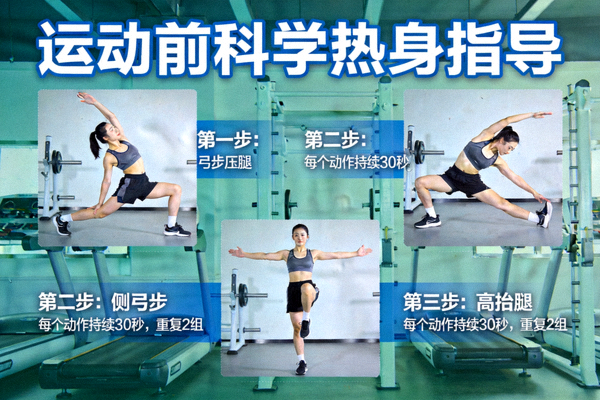 运动前科学热身指导 - 健身者在室内进行动态拉伸