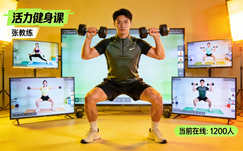 云端赛事直播画面 - 健身教练带领线上健身课程