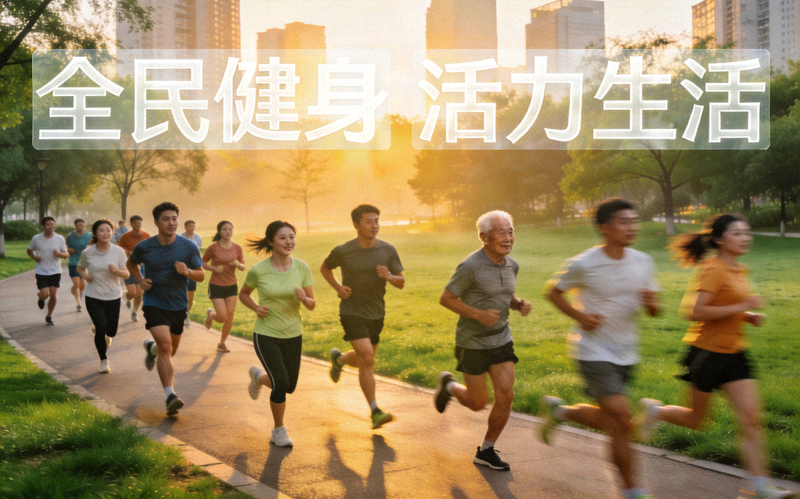 清晨城市公园中结伴跑步的健身爱好者，展现全民健身新动态