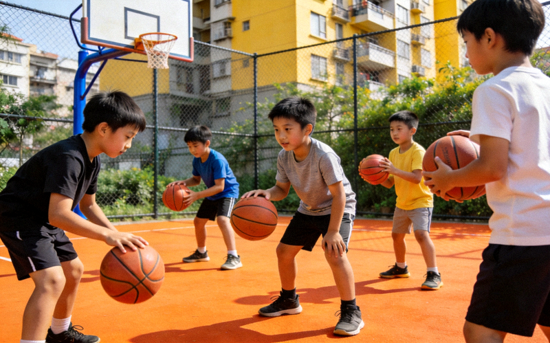 青少年在社区球场进行篮球基础训练