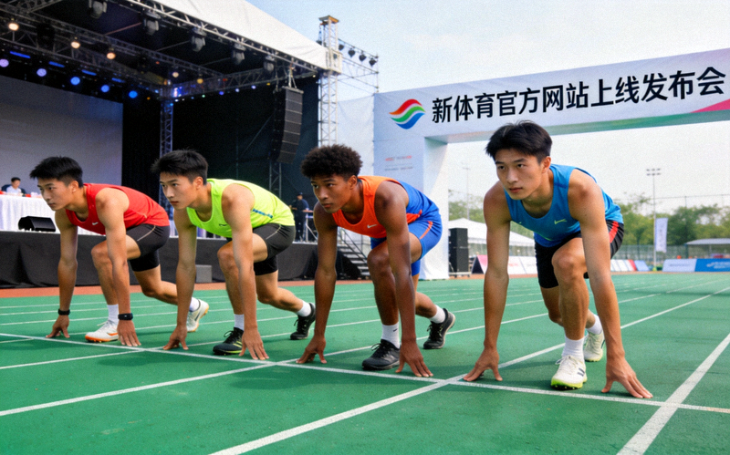 新体育官方网站上线发布会现场，绿色塑胶跑道上运动员列队起跑的画面