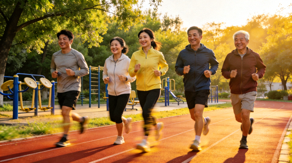 社区健身活动现场，几位居民在户外跑道上结伴慢跑，氛围轻松愉快
