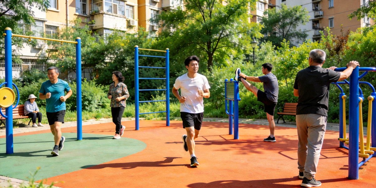社区居民在新建的社区健身广场上共同参与全民健身锻炼，绿树环绕的运动场地中人们正在跑步和拉伸