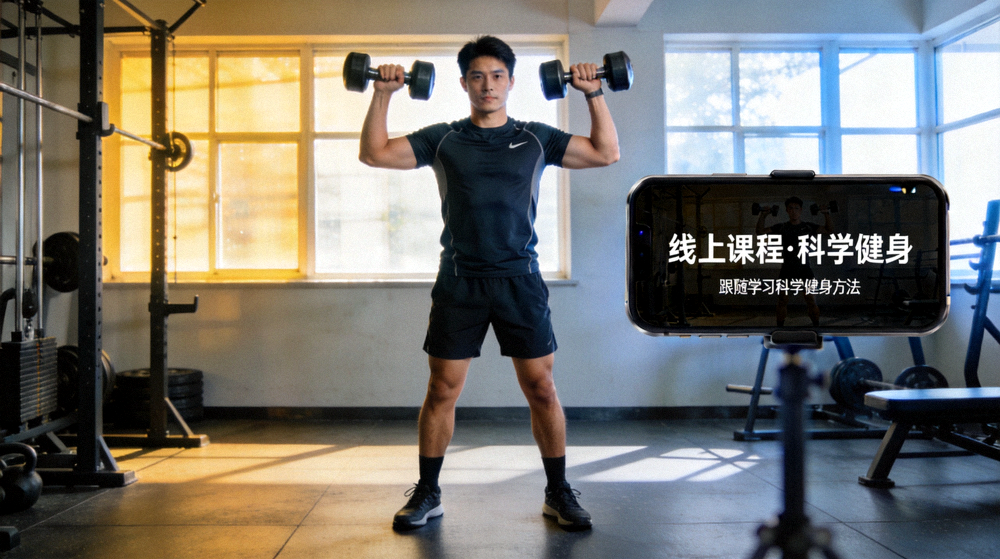 健身教练在健身房中演示标准训练动作，用户可通过线上课程跟随学习科学健身方法