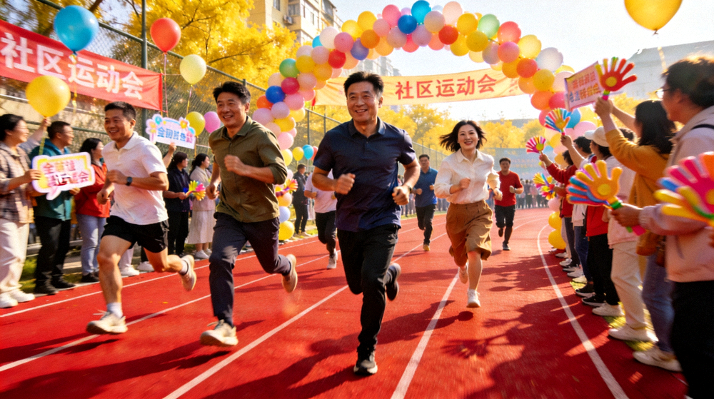 社区运动会上市民在田径跑道上参加跑步比赛，现场气氛热烈充满运动乐趣