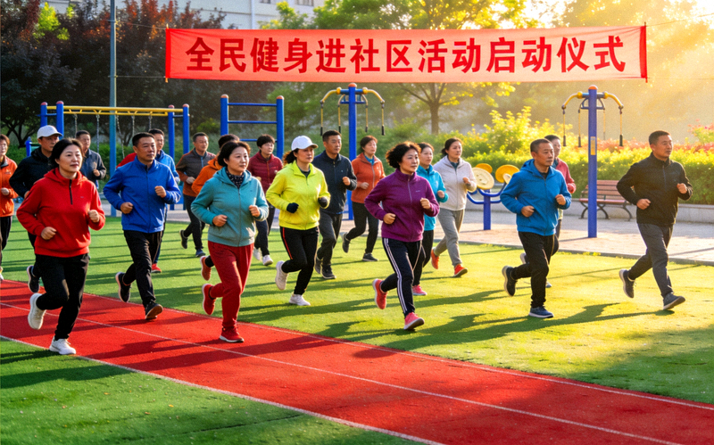 社区健身广场上居民集体晨跑，全民健身进社区活动启动现场