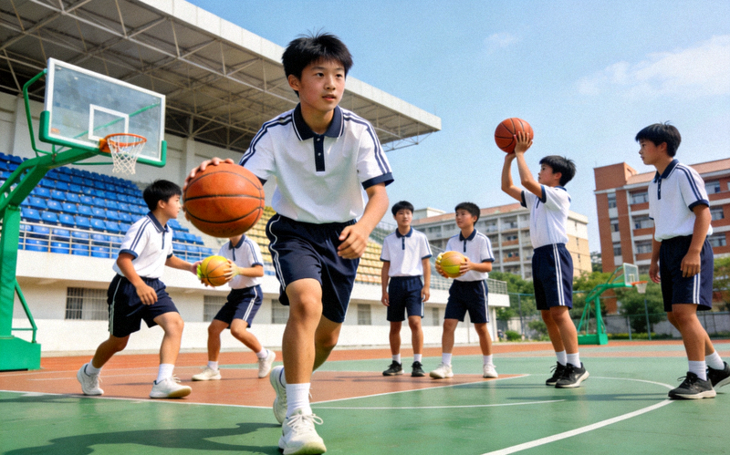 青少年在篮球场上进行训练，展现校园体育教育场景