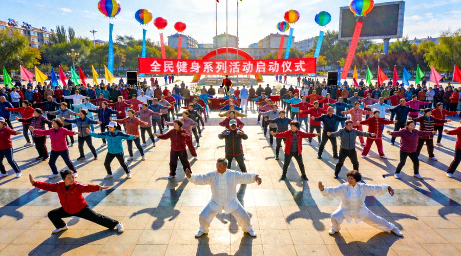 全民健身系列活动启动现场 - 众多市民在广场上集体参加健身运动