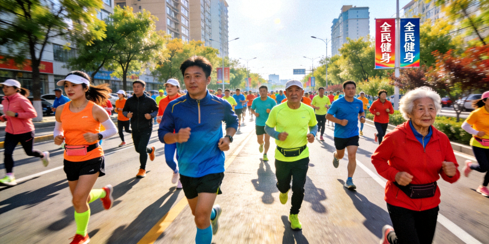 市民在城市道路参加全民健身跑步活动，展现运动活力