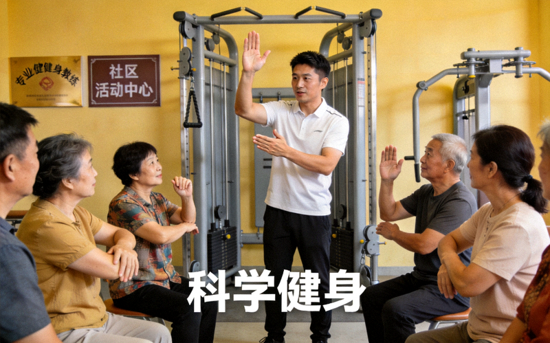 专业健身教练在社区活动中心为居民讲解科学健身动作要领