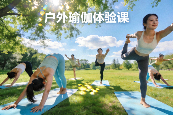 户外瑜伽体验课 - 参与者在草地上练习瑜伽动作