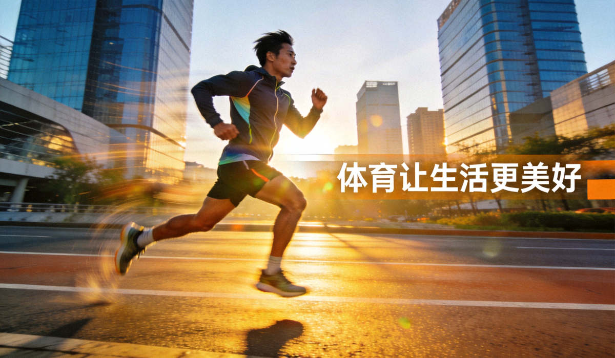 跑者在城市道路上迎着晨光奔跑，体现体育让生活更没好的健康理念