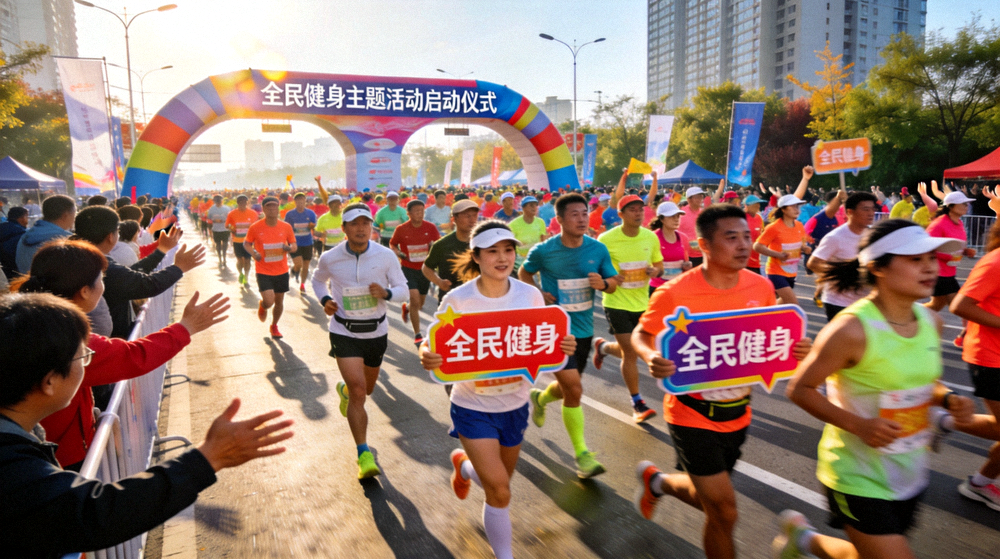 全民健身主题活动启动现场 - 众多跑步爱好者在城市道路上集体奔跑