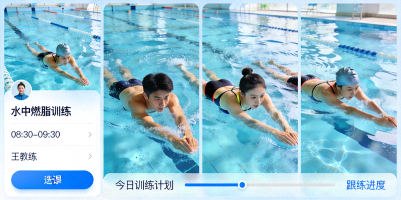 在线健身课程界面展示 - 游泳池中训练的运动爱好者
